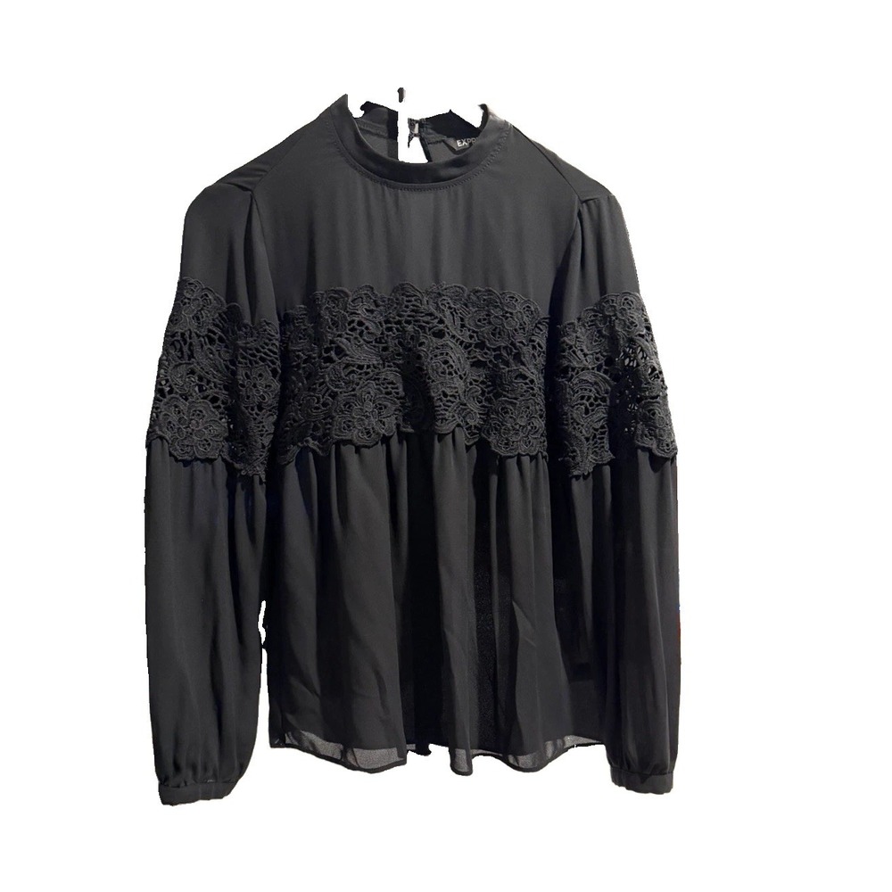 Express Women's Small Black Floral Lace Sheer Blouse Long Sleeve Romantic Boho